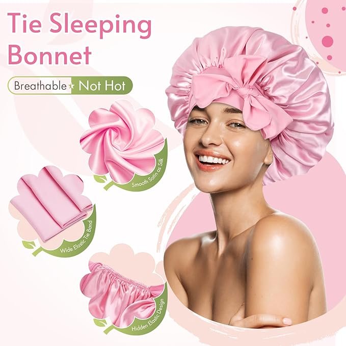 BONNET QUEEN Silk Bonnet for Sleeping Women Satin Bonnet Silk Hair Cap Adjustable Silk Hair Bonnet Night Sleep Cap with Tie Band-3