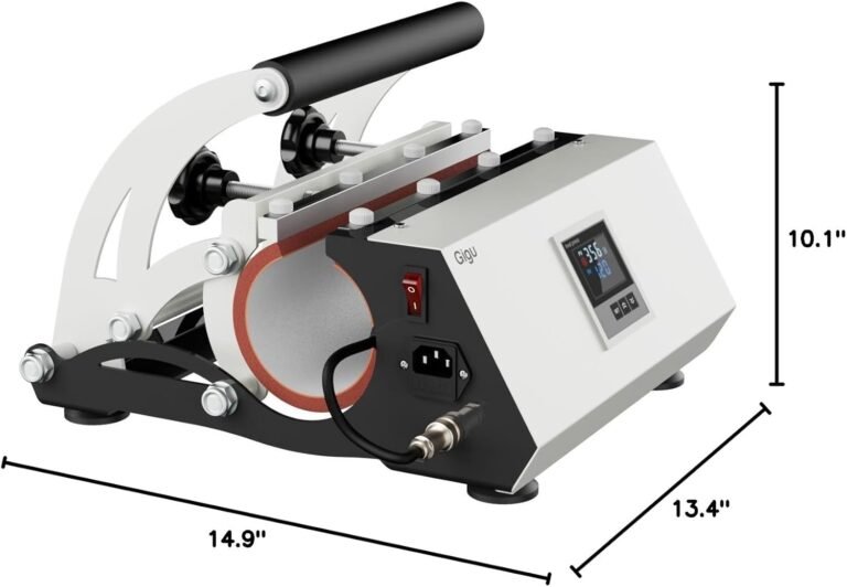 Gigu Tumbler Heat Press Machine for 20oz-30oz sublimation tumblers and 11-16oz mugs, includes heat tape, gloves, and sublimation paper for DIY heat transfer.