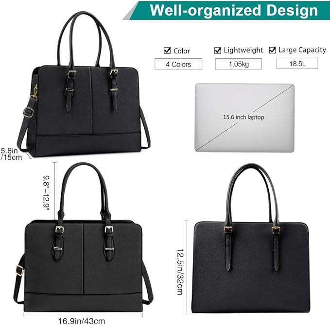 Laptop Bag for Women Leather Work Tote 15.6 Inch Laptop for Computer Bag Waterproof Business Office Professional Large Capacity Handbag Shoulder Bag Black-4