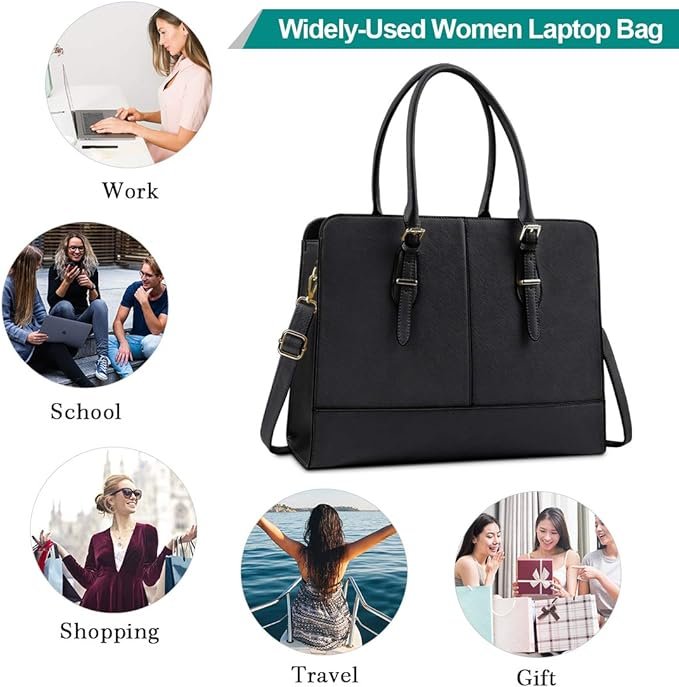 Laptop Bag for Women Leather Work Tote 15.6 Inch Laptop for Computer Bag Waterproof Business Office Professional Large Capacity Handbag Shoulder Bag Black-5