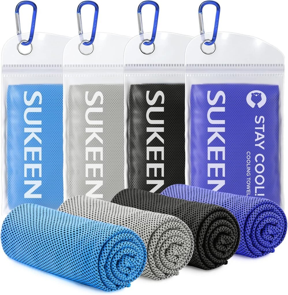 Sukeen 4-Pack Cooling Towels, 40x12 inches, ice-cooling, soft and breathable microfiber towels for yoga, gym, running, and outdoor workouts.