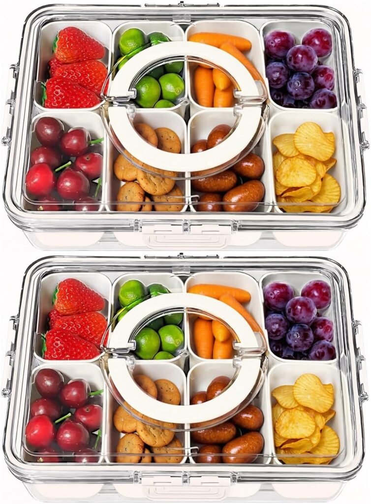 TOGGOT Portable Snackle Box Container - Divided Tray with Lid & Handle, Clear Organizer for Snacks, Fruits & Charcuterie" **Alt Text:** "TOGGOT Portable Snackle Box Container, divided serving tray with lid and handle, clear organizer for fruits, candy, charcuterie, and snacks.